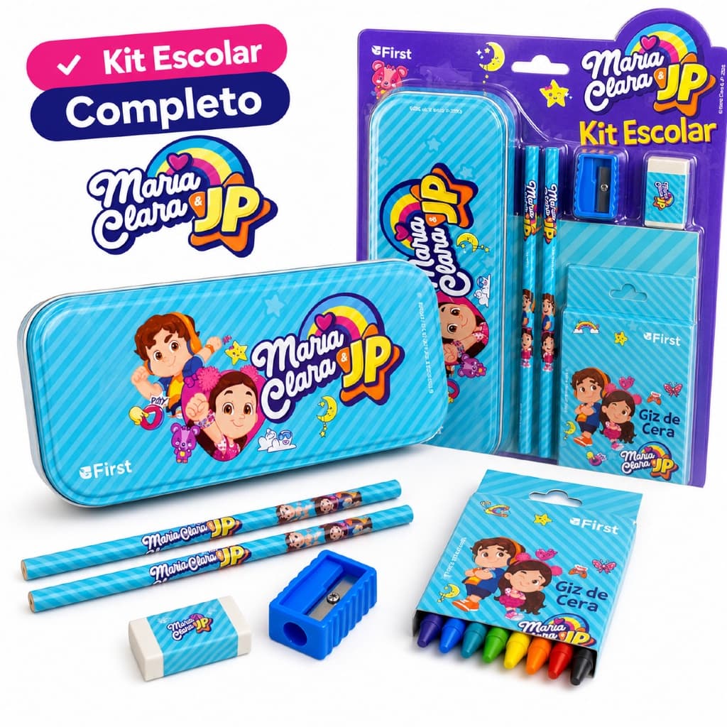 Kit Escolar Maria Clara e JP com Estojo giz de cera apontador lápis borracha material escolar