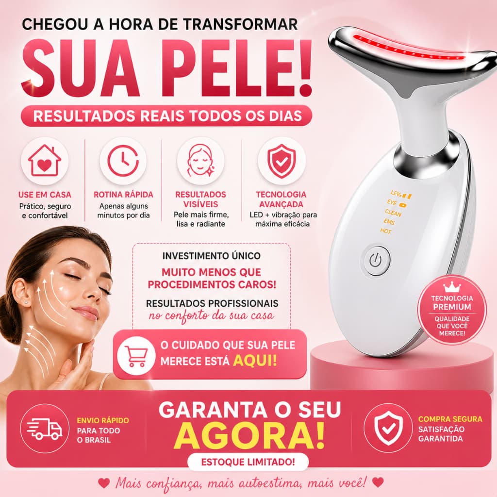 Massageador Facial e Pescoço com LED e Vibração | Lifting Facial, Anti Rugas, Firmador de Pele