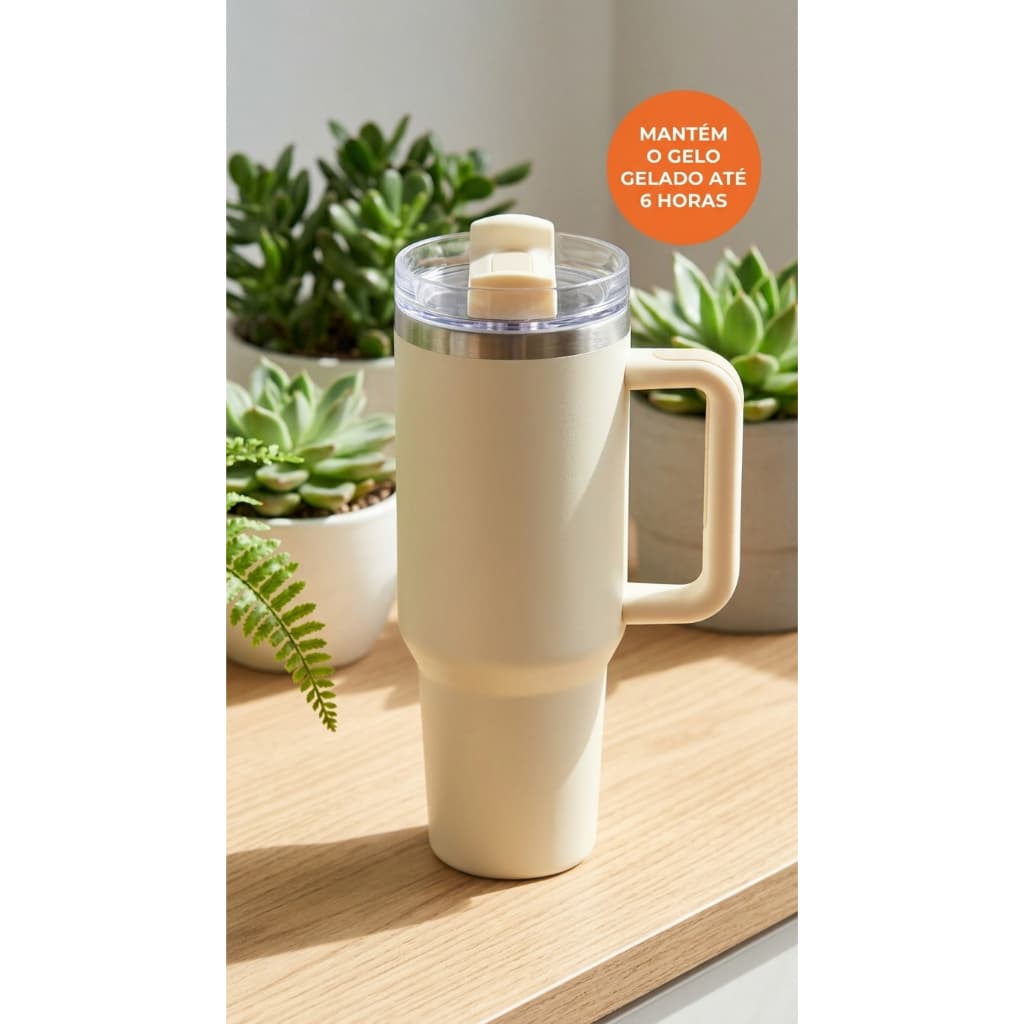 Copo Térmico 1200ml Inox c/ Alça + Canudo de Brinde 6h Gelado