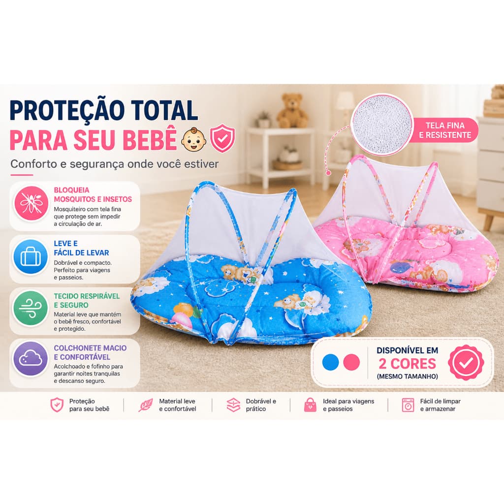 Berço portátil com Mosquiteiro Ninho redutor de berço masculino e feminino.