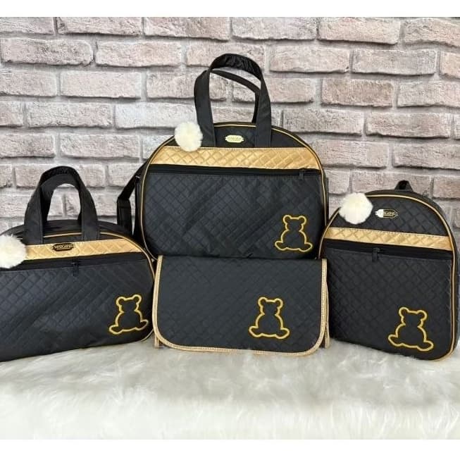 kit bolsas maternidade preto com dourado urso contorno