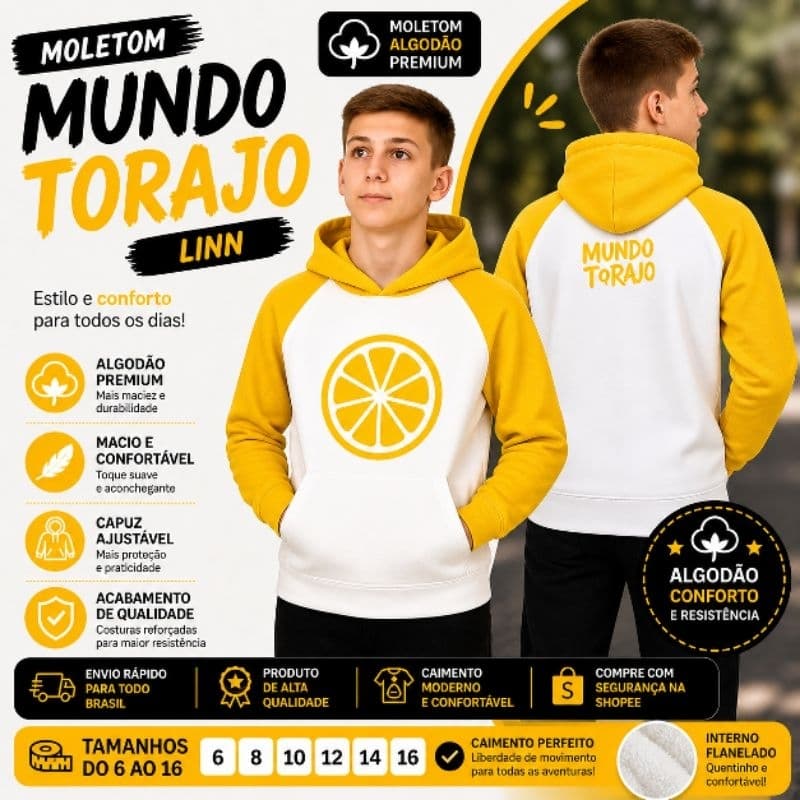 MOLETOM BRANCO/AMARELO Torajo LINN Roupa Adolescente Unissex Blusa de Moletom Com Capuz do Mundo Torajo Linn