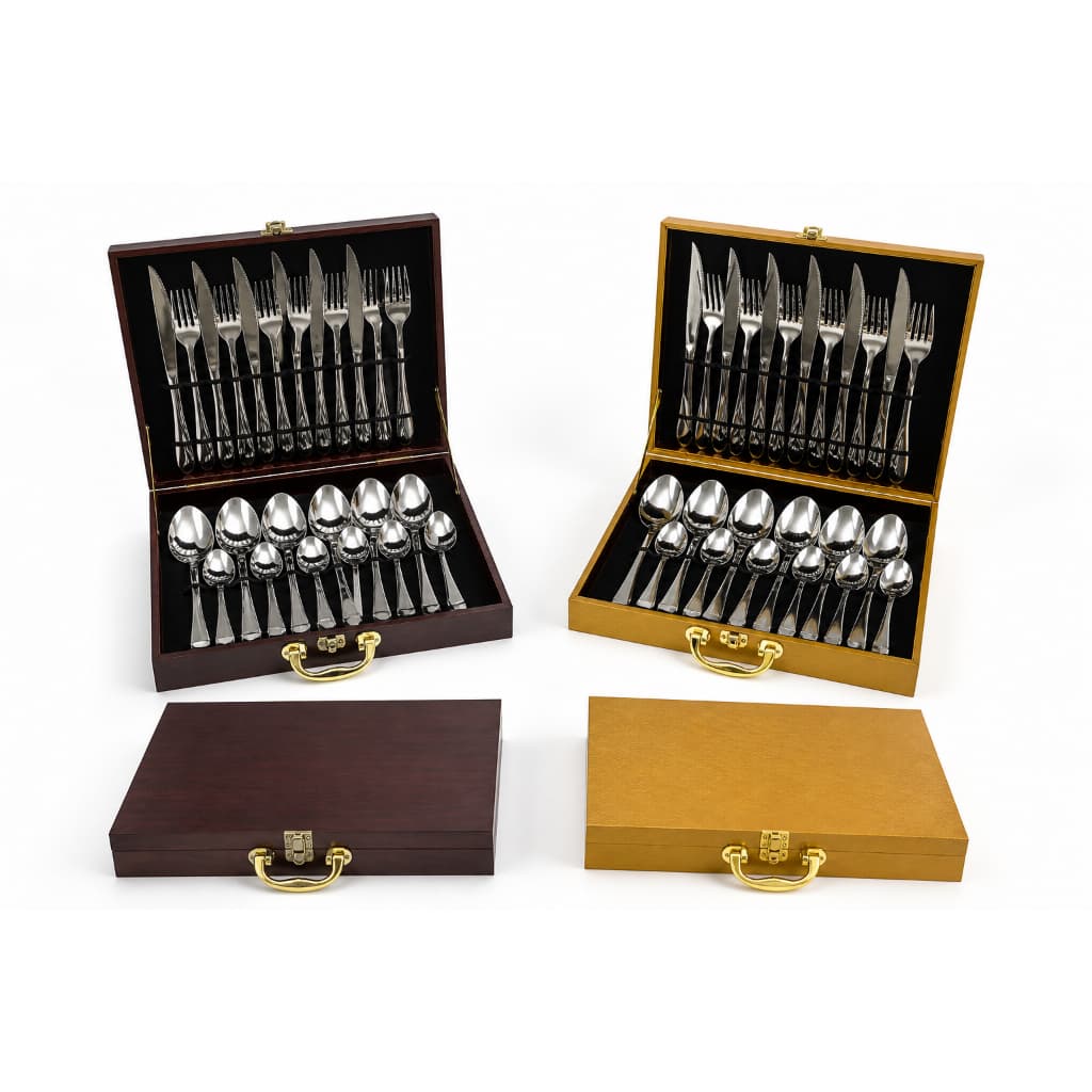 Faqueiro 24 Peças Completo Thika Conjunto Talheres Inox Com Maleta Marrom/Dourado Casamento