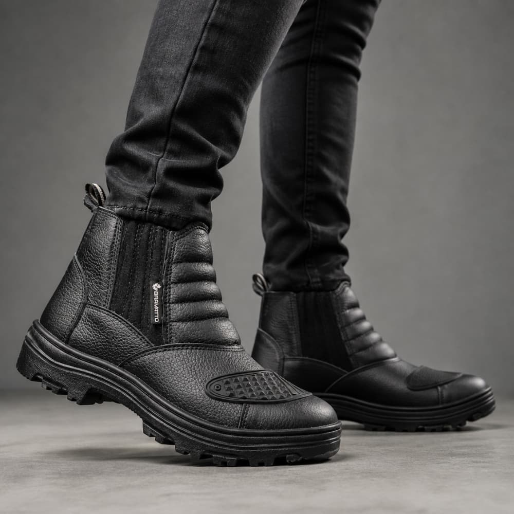 Coturno Masculino Motoqueiro Couro Bota Resistente Confortável Dia a Dia Motociclista Biqueira de proteção