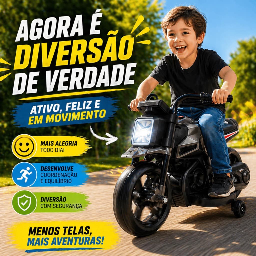Moto Elétrica Infantil Dark Rider Preta – Segurança, Estilo e Diversão para Crianças