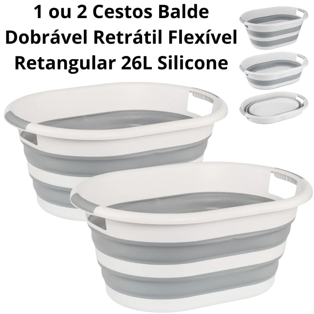 1 ou 2 Baldes Cesto Dobrável Retrátil Flexível Retangular 26L Silicone Lavanderia Powermaid