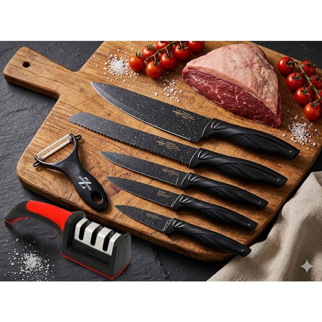 Kit Conjunto Facas Inox 6 Peças + Amolador  Antiaderente Proficianal Churrasco Chef