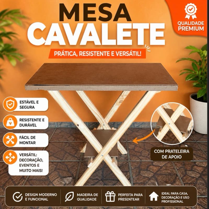 Mesa Cavalete Dobrável Multiuso Madeira Pinus Reforçada - Ideal para Escritório, Estudos e Eventos 120x60cm