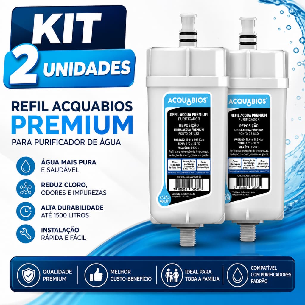 Kit 2 Refil Acquabios Premium para Purificador Reduz Cloro e Impurezas 1500L