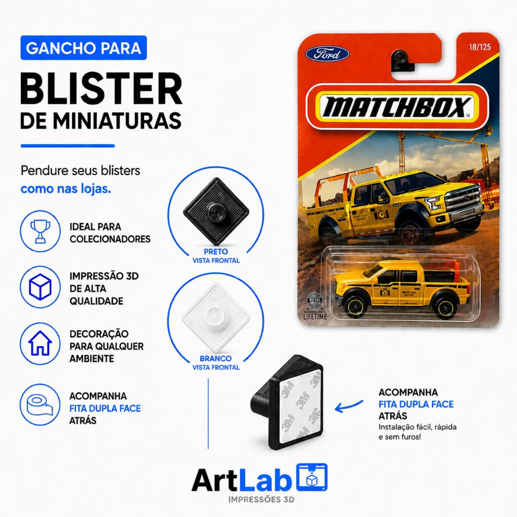 Gancho para Blister Hot Wheels e Matchbox e outros Suporte de Parede com Fita Dupla Face Organizador de Coleção
