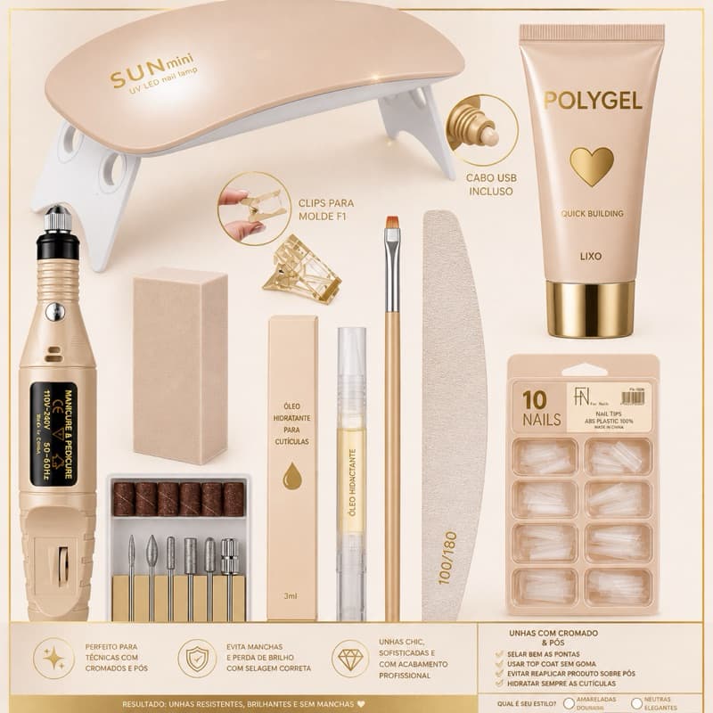 Kit unha Polygel Profissional + Lixadeira Elétrica + Adesivo - Profissional e Fácil de Usar