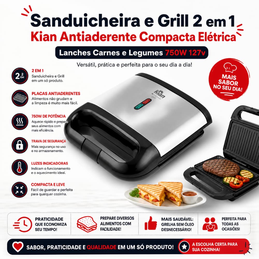 Sanduicheira e Grill 2 em 1 Kian Antiaderente Compacta Elétrica Lanches Carnes e Legumes 750W 127v