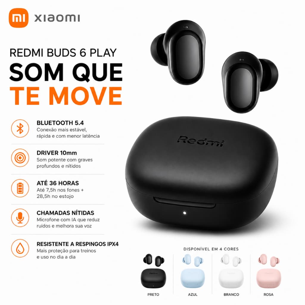 Fone Bluetooth Xiaomi Redmi Buds 6 Play Original Bluetooth 5.4 Sem Fio