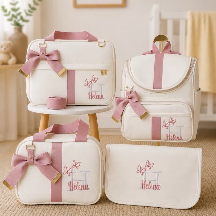 Kit Bolsas Maternidade 4 Peças Luxo, Completo Personalizado térmico e impermeável, Coleção Afeto