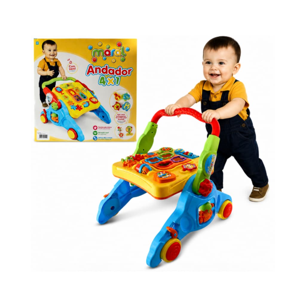 Andador Mesa Educativo Didático 4 em 1 Musical Interativo Bebê Apoio Empurrador Carrinho Brinquedo com Som atividades