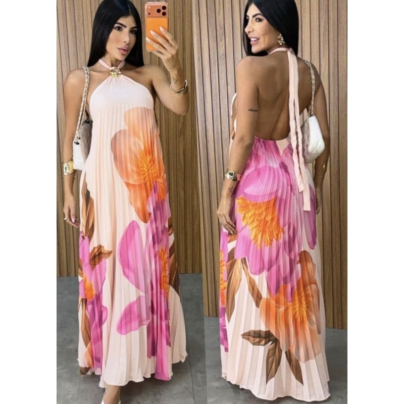 Vestido Longo Plissado Floral Elegance com Fivela Dourada