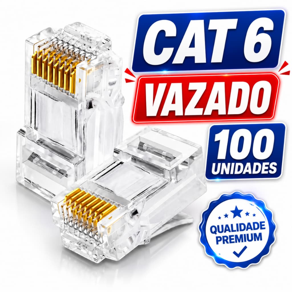 100 Conectores Rj45 Vazado Cat6 Macho Cabo Rede Lan Plug Rede
