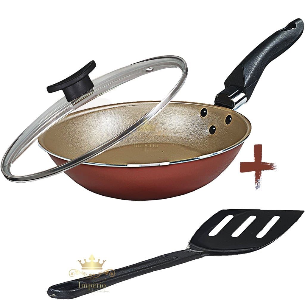 Frigideira Francesa Antiaderente Com Tampa De Vidro E Espátula 16cm Teflon Cor Cereja E Dourado Alumínio Reforçada