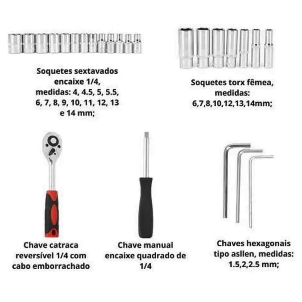 Jogo Soquetes Maleta 53 Peças Completo Bits Catraca Kit Ferramentas