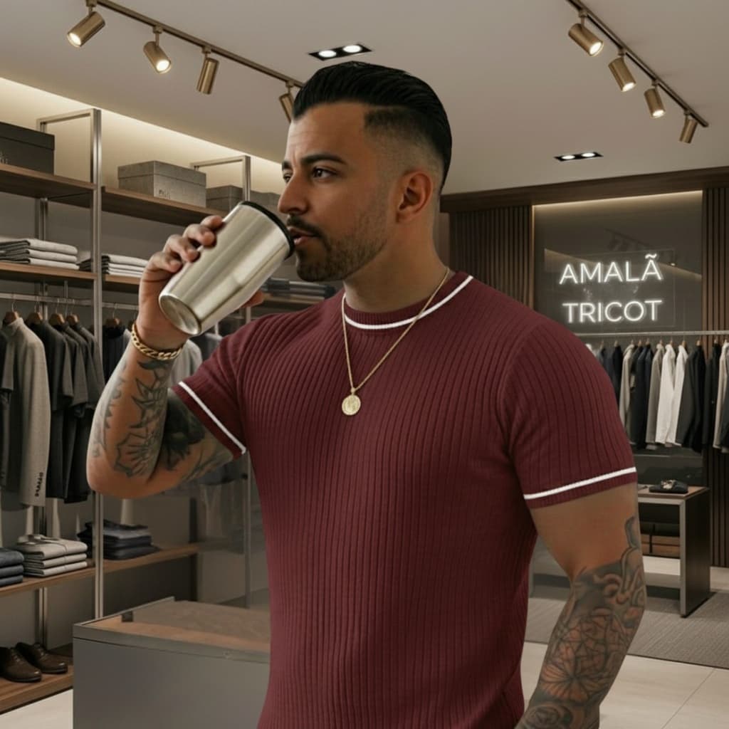 Camiseta Masculina Alta Qualidade Moda Tricô Casual Camisa Texturizada Manga Curta