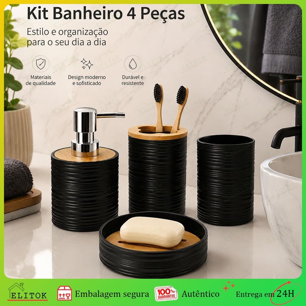 Kit 4 Peças Banheiro Completo Porta Sabonete Líquido Saboneteira Porta Escova Acessórios Lavabo Elegante