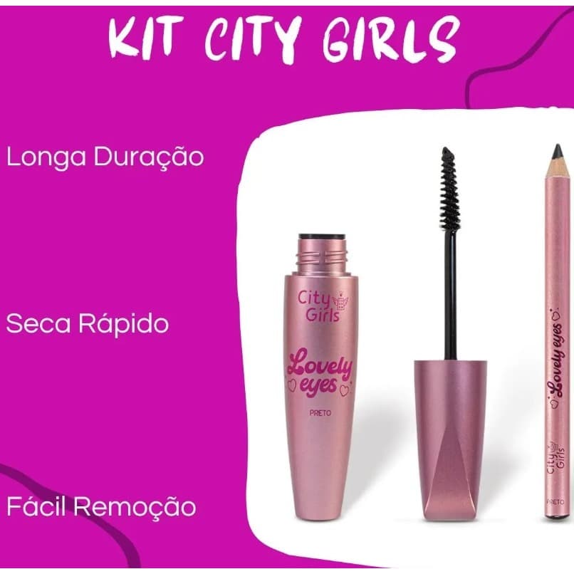 Kit Rímel Máscara de Cílios e Lápis de Olho Lovely Eyes City Girls Curva e Volume