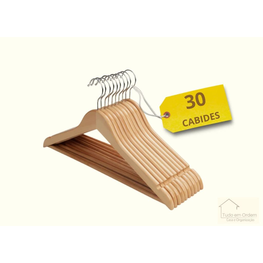KIT 30 Cabides de Madeira Natural Marfim com Gancho de Metal Giratório 360° - 44x23cm