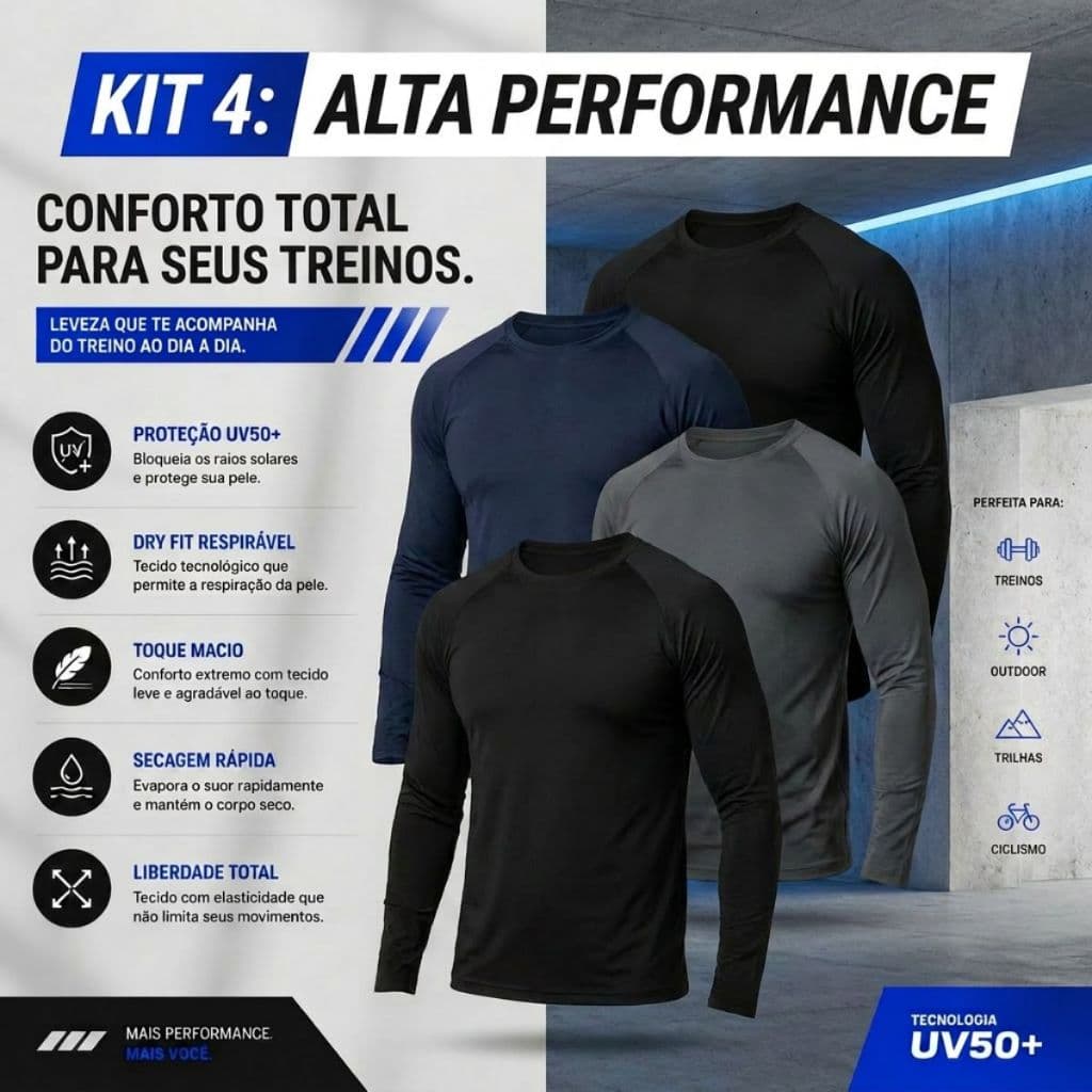 Kit 4 Camisa UV50+ Manga Longa Segunda Pele Blusa Térmica Unissex Fitness