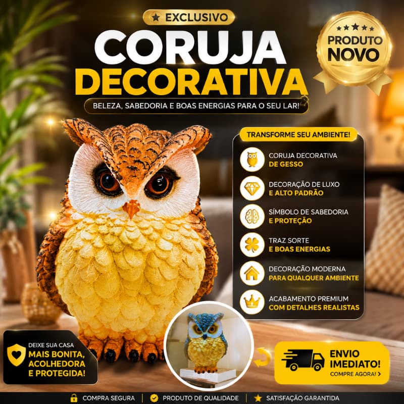 Coruja Decorativa em Gesso Artesanal Símbolo de Sabedoria e Sorte Feita à Mão Luxo e Sofisticação para Seu Lar
