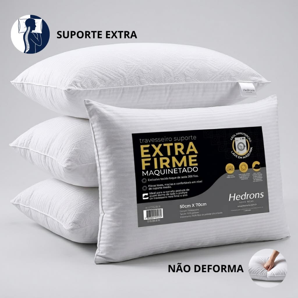 Kit 4  Travesseiros Hedrons Extra Firme Maquinetado 50x70 Suporte Alto Dormir de Lado Premium