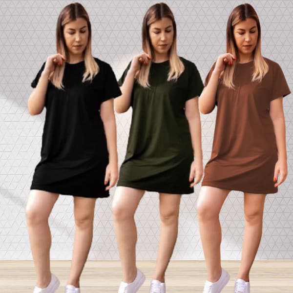 Kit 3 Vestidos Camiseta Feminino Blusão Plus Size Casual Despojado Confortável