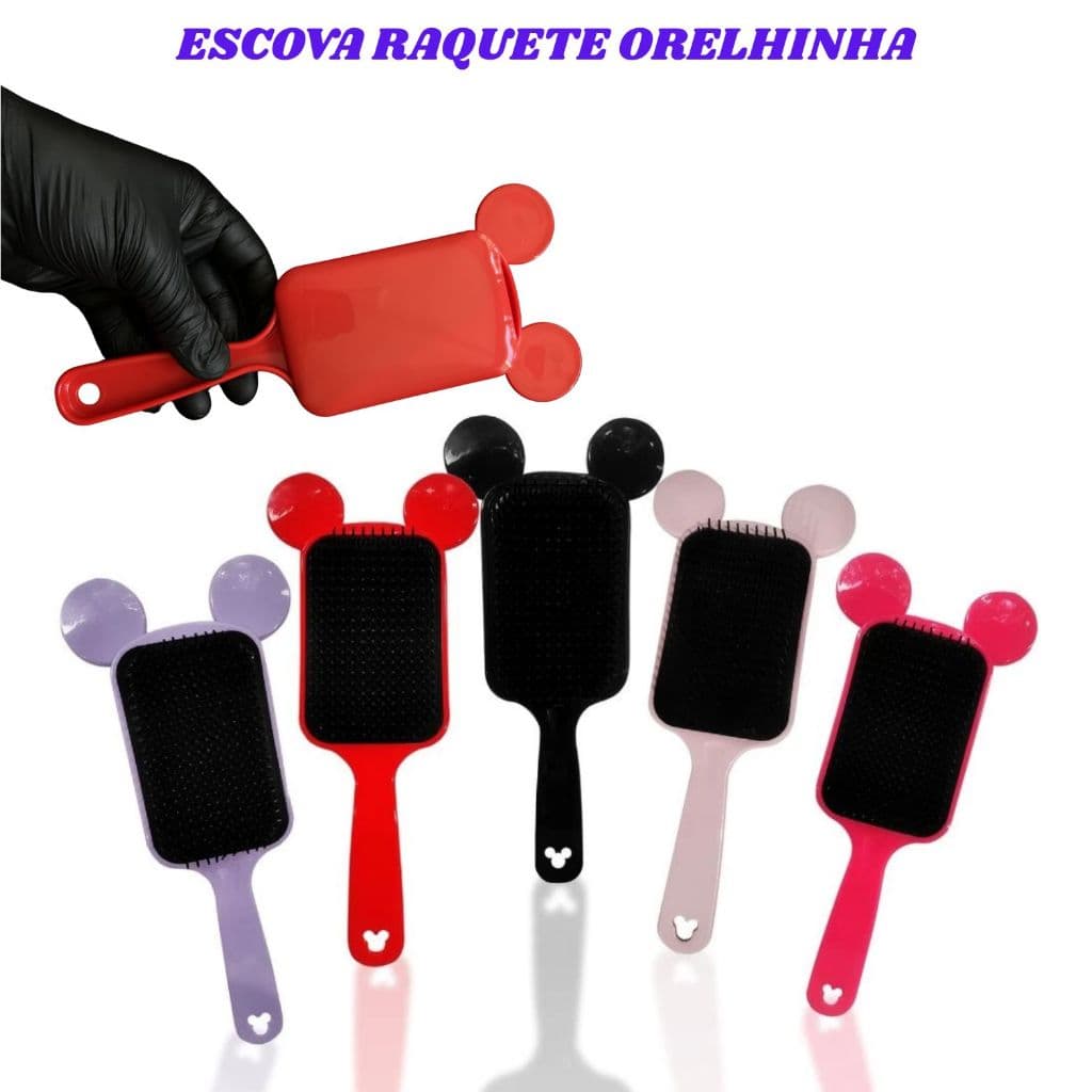Kit Escova Raquete Flex Mickey Para Cabelos Para Desembaraçar Anti Frizz