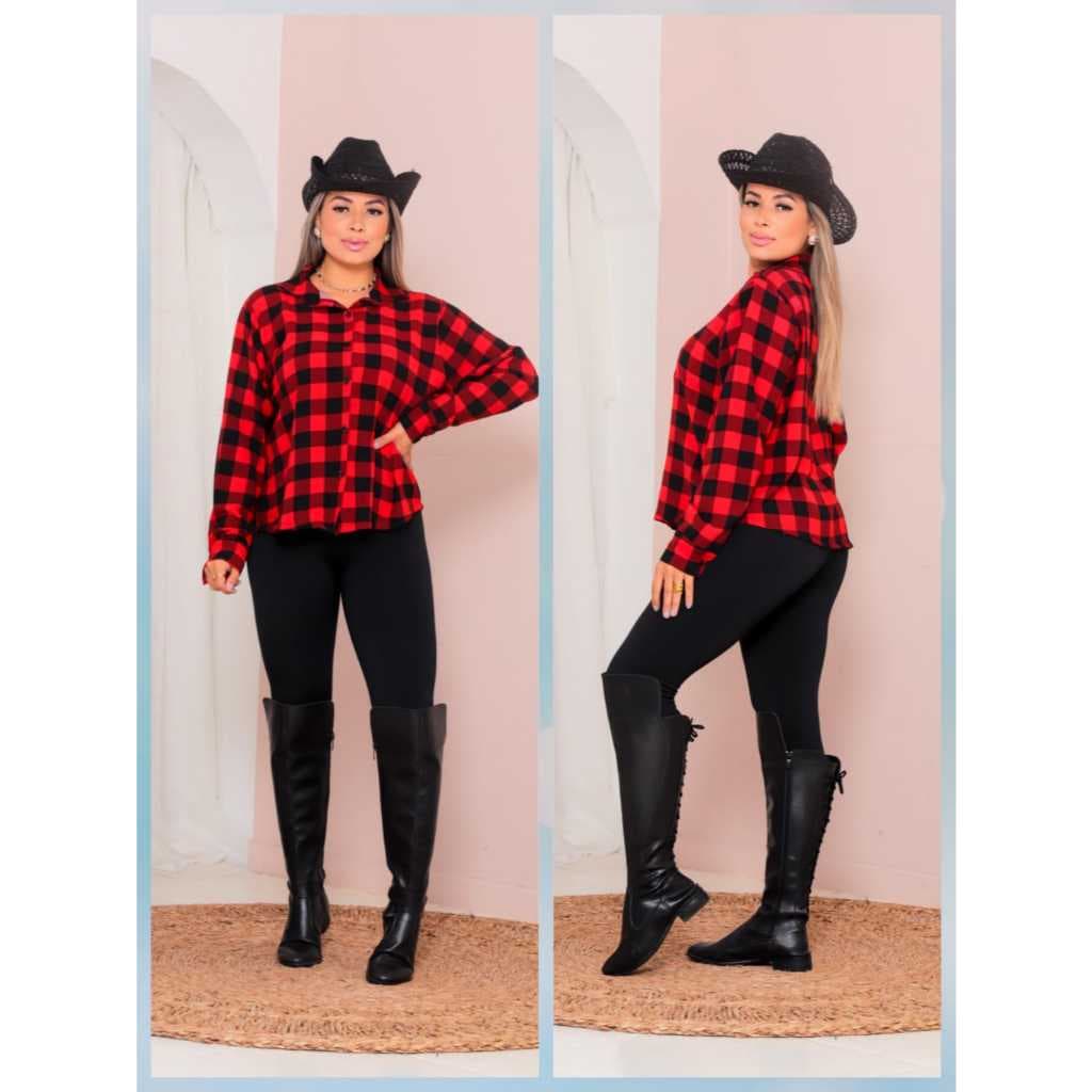 Camisa Feminina Xadrez Manga Longa em Duna Moda Casual Chic