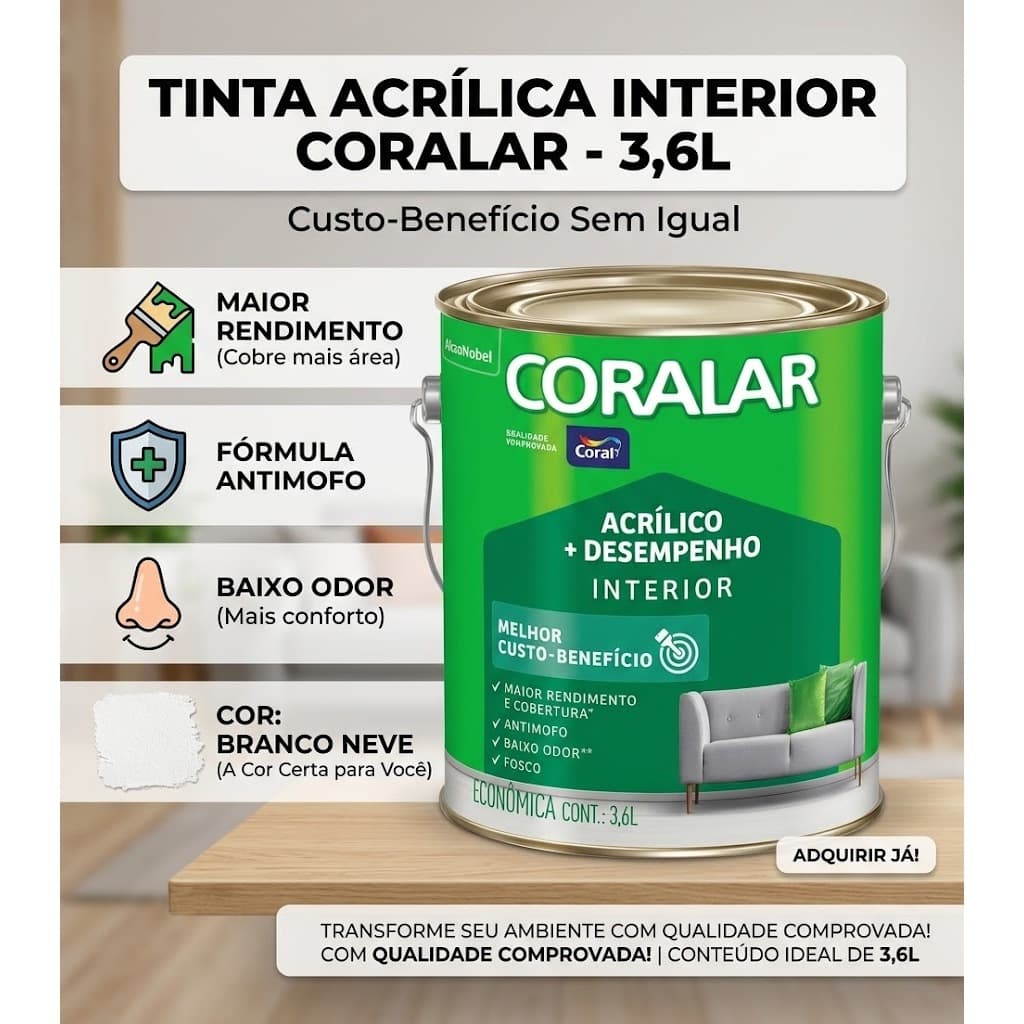 Tinta Acrílica Coralar 3,6L Branco Neve Fosco Interior Antimofo Baixo Odor Alta Cobertura Coral