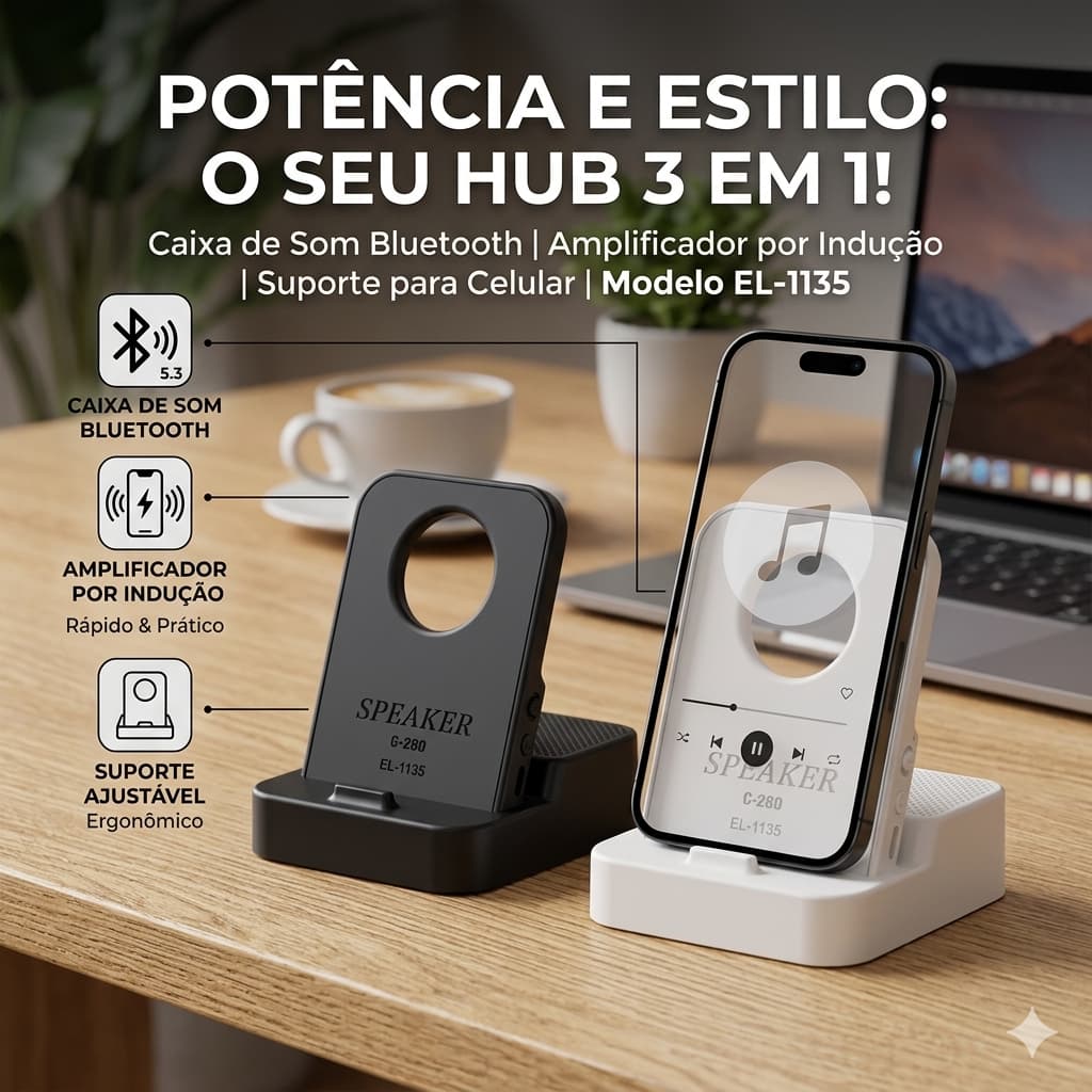 Caixa de Som para Celular EL-1135 Suporte de Mesa Bluetooth 10W Áudio Estéreo Portátil