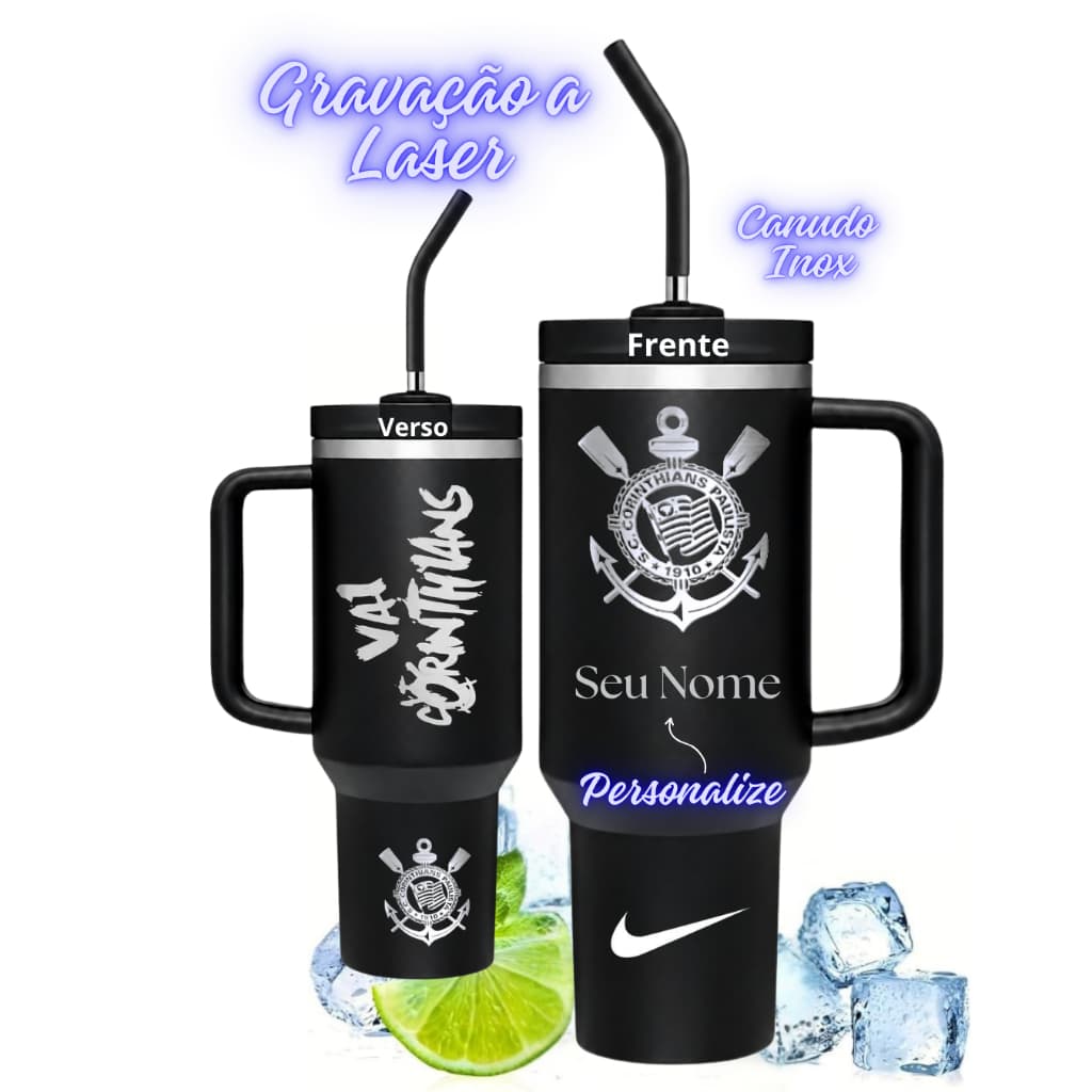 CopoTérmico Inox Corinthians Com Canudo Personalizado Frente E Verso + Seu Nome 1.200