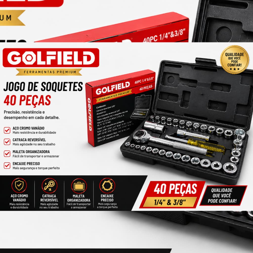Jogo de Soquetes com Catraca 3/8" , 1/4" Soquete de Vela  40 Peças - Golfield