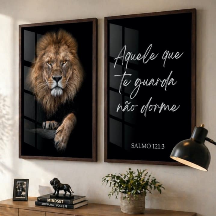 Kit 2 Quadros Decorativos Leão de Judá Salmos Religioso Sala Quarto Moldura com Vidro Duo