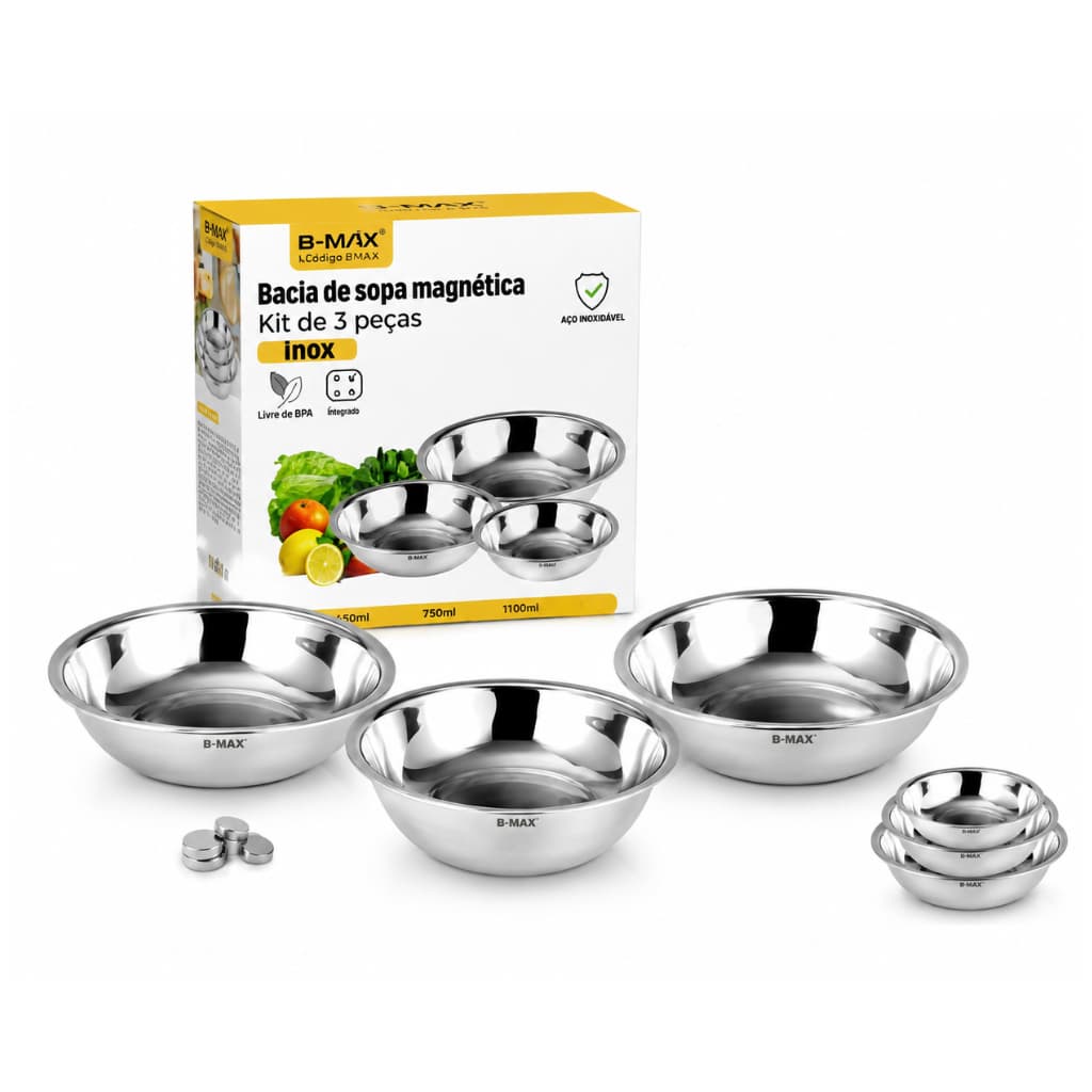 Jogo de Bacias em Aço Inox Magnético 3 Peças BM-F1856 Cozinha Premium