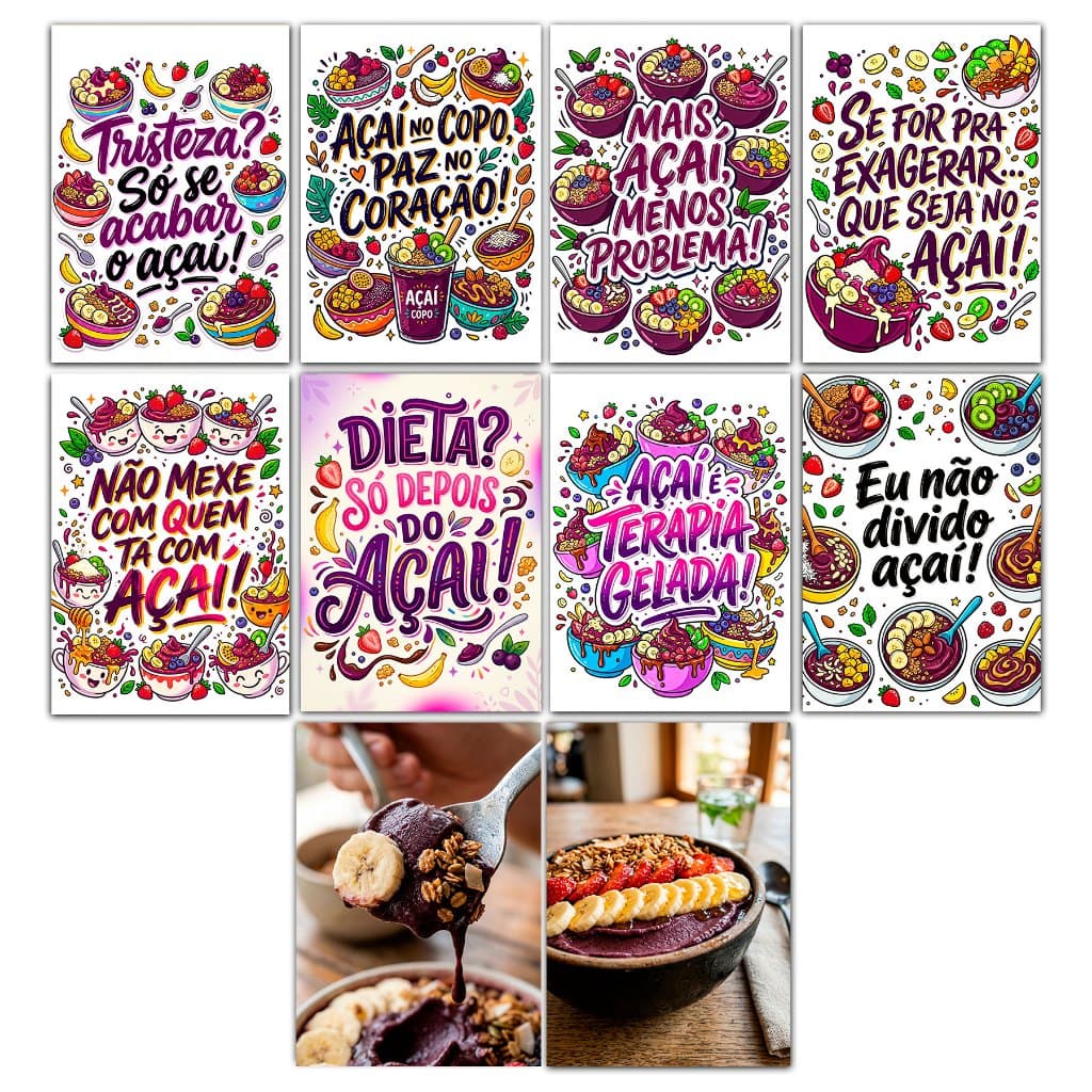 Kit 10 Quadros Açaí Gourmet Açaíteria Sorveteria Frases 14x20