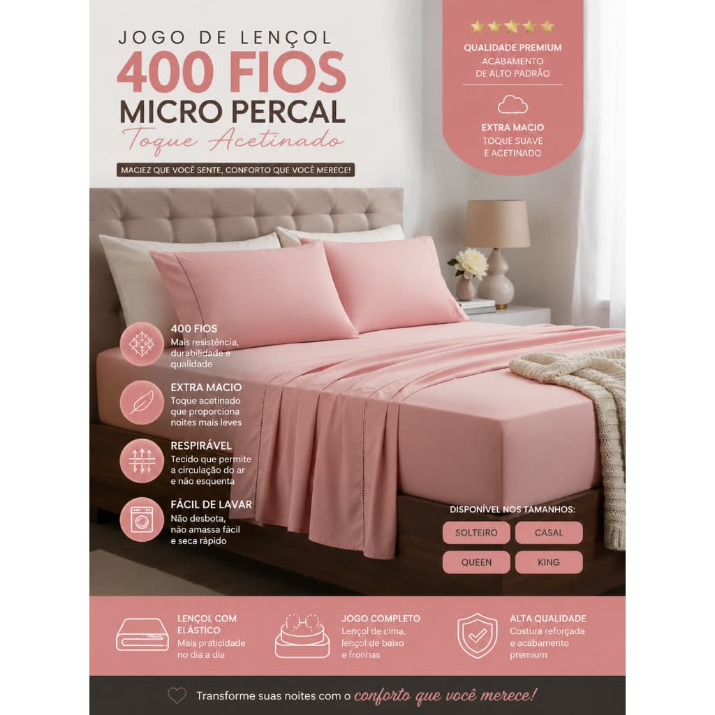 Jogo de Lençol Micropercal 400 Fios Toque Acetinado Ultra Macio – Solteiro, Casal, Queen e King