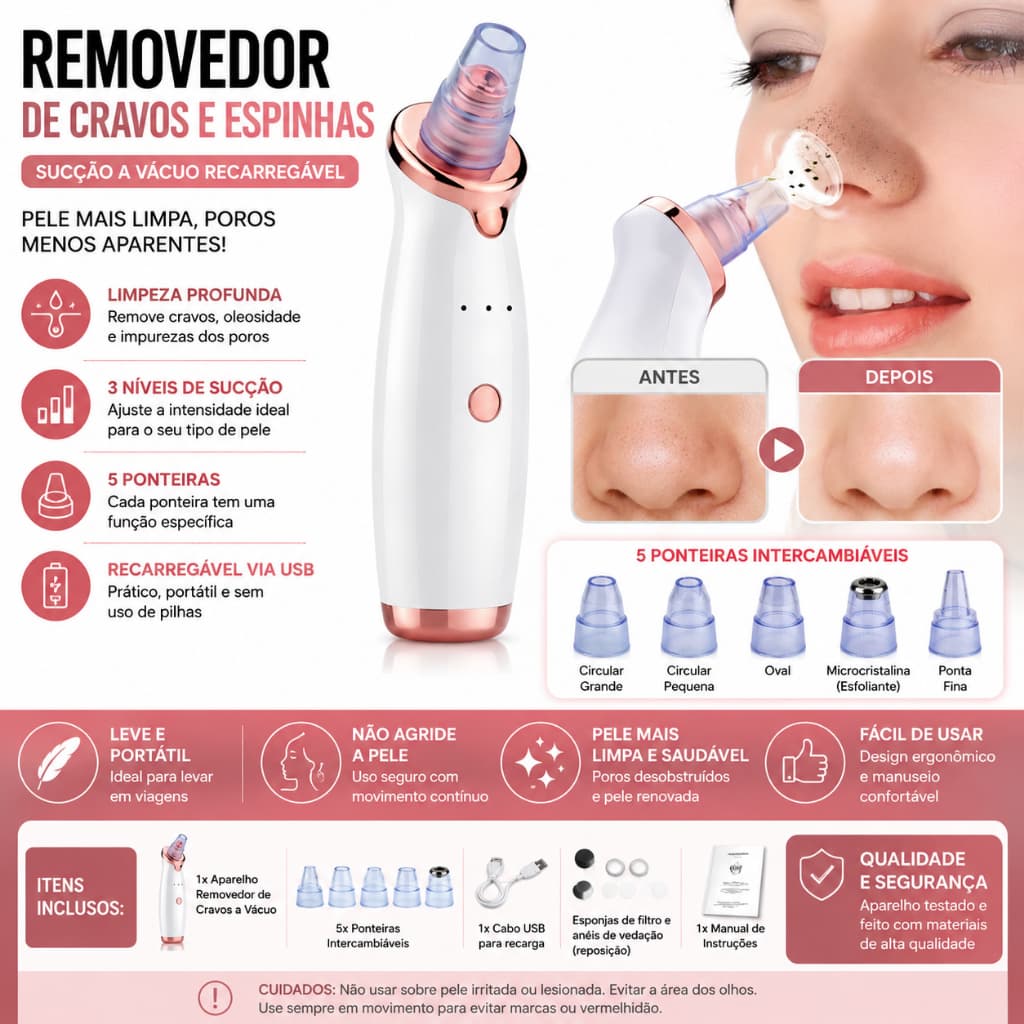 Removedor Cravos e Espinhas Extrator Sucção a Vácuo Aparelho Recarregável Sugador Remove Acne