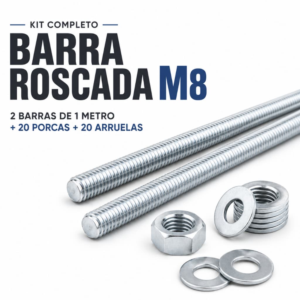 Kit 2 Barras Roscadas M8 1Metro Zincadas + 20 Porcas + 20 Arruelas Rosca Métrica Fixação Estrutural