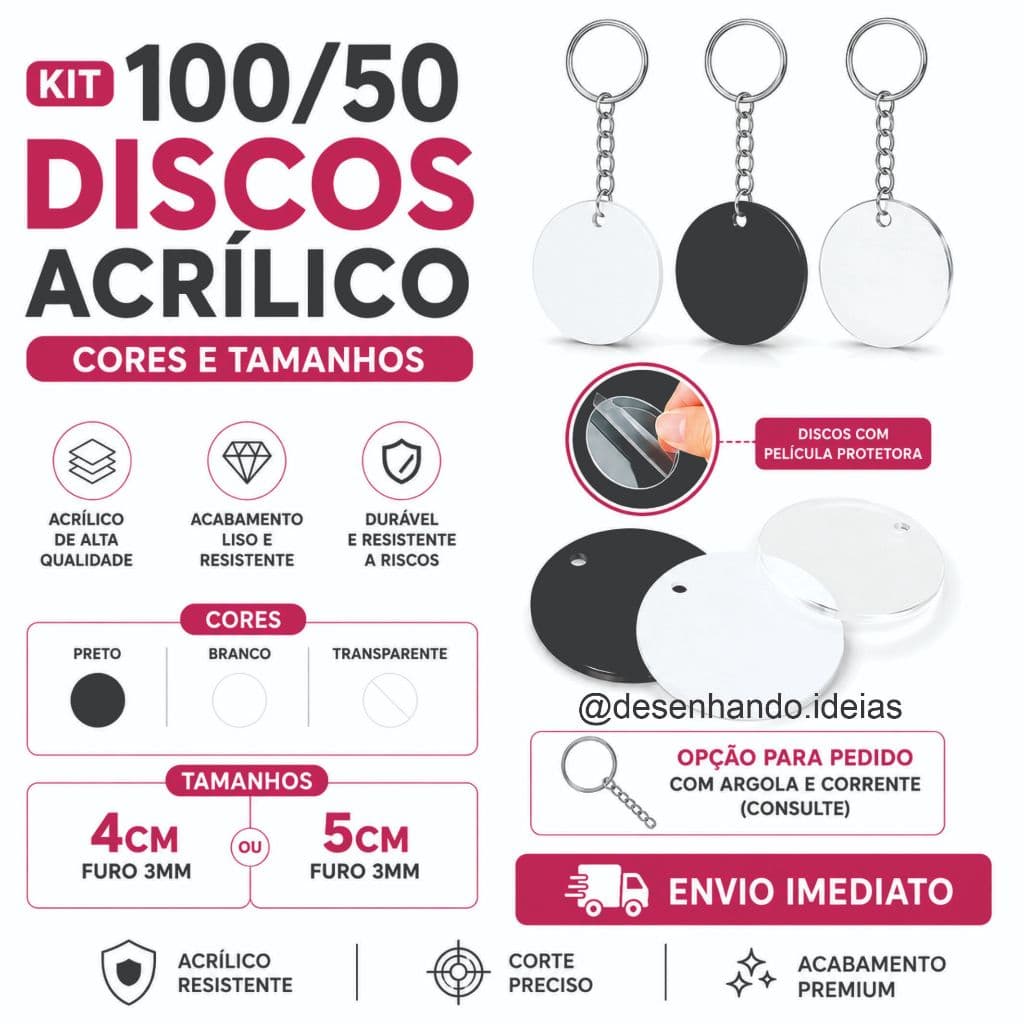 Kit 100/50 Discos Acrílicos Premium Disponível em Preto, Branco e Transparente Opção com e sem Argola Chaveiro