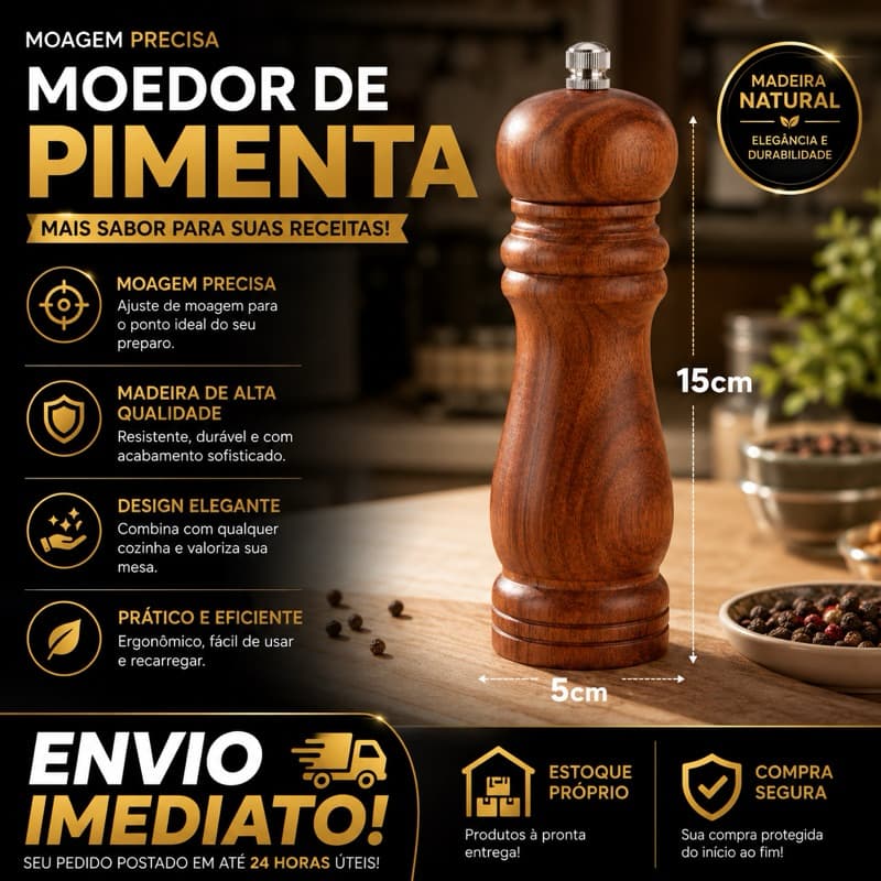Moedor de Pimenta em Madeira – Ajustável, Resistente e Ideal para Sal e Pimenta