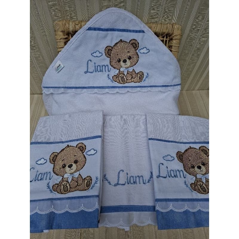 Kit Enxoval Fralda capuz e 3 fraldas boca personalizado 4 peças com nome maternidade