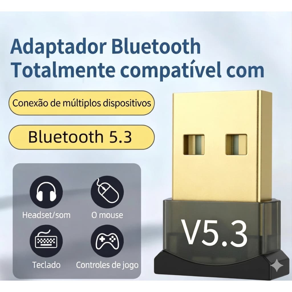 Adaptador USB Bluetooth 5.3 para PC, Notebook, Laptop, Teclado, Mouse, Fone de ouvido, Headset
