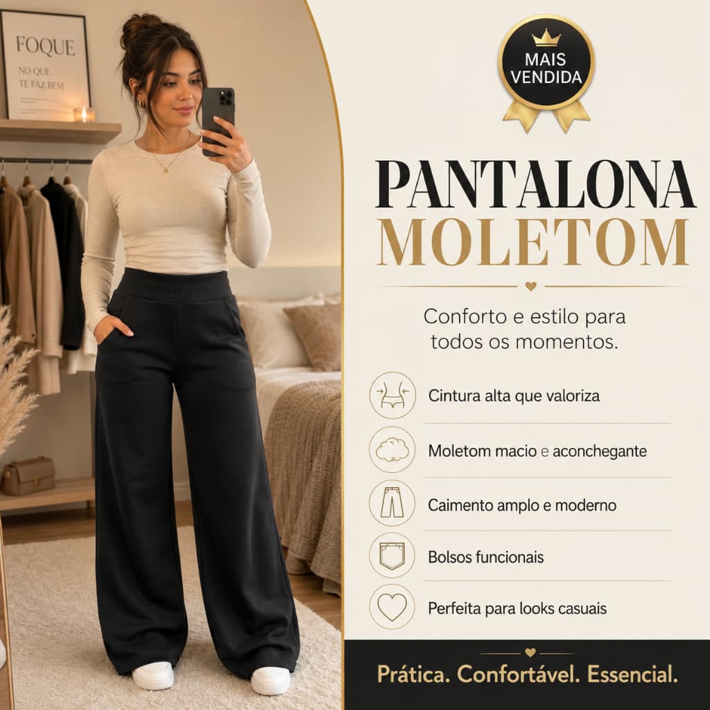 Calça pantalona de moletom feminina cintura alta com bolso pra inverno