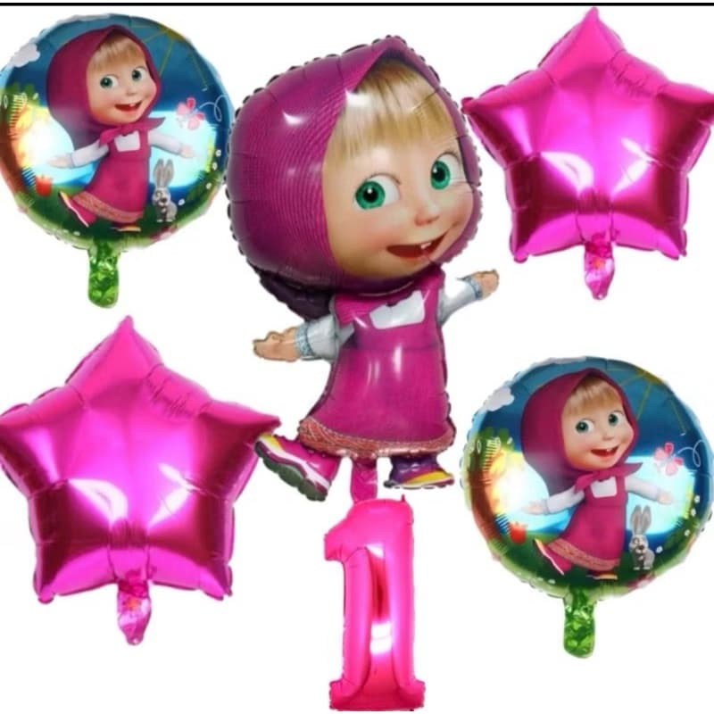 kit C/5 Balões Metalizado Masha E Urso Numero 40Cm Redondos 45cm Personagem
