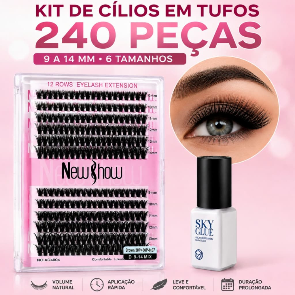 Kit 240 Peças de Cílios em Tufos 9 a 14 mm com 6 Tamanhos com Cola Profissional
